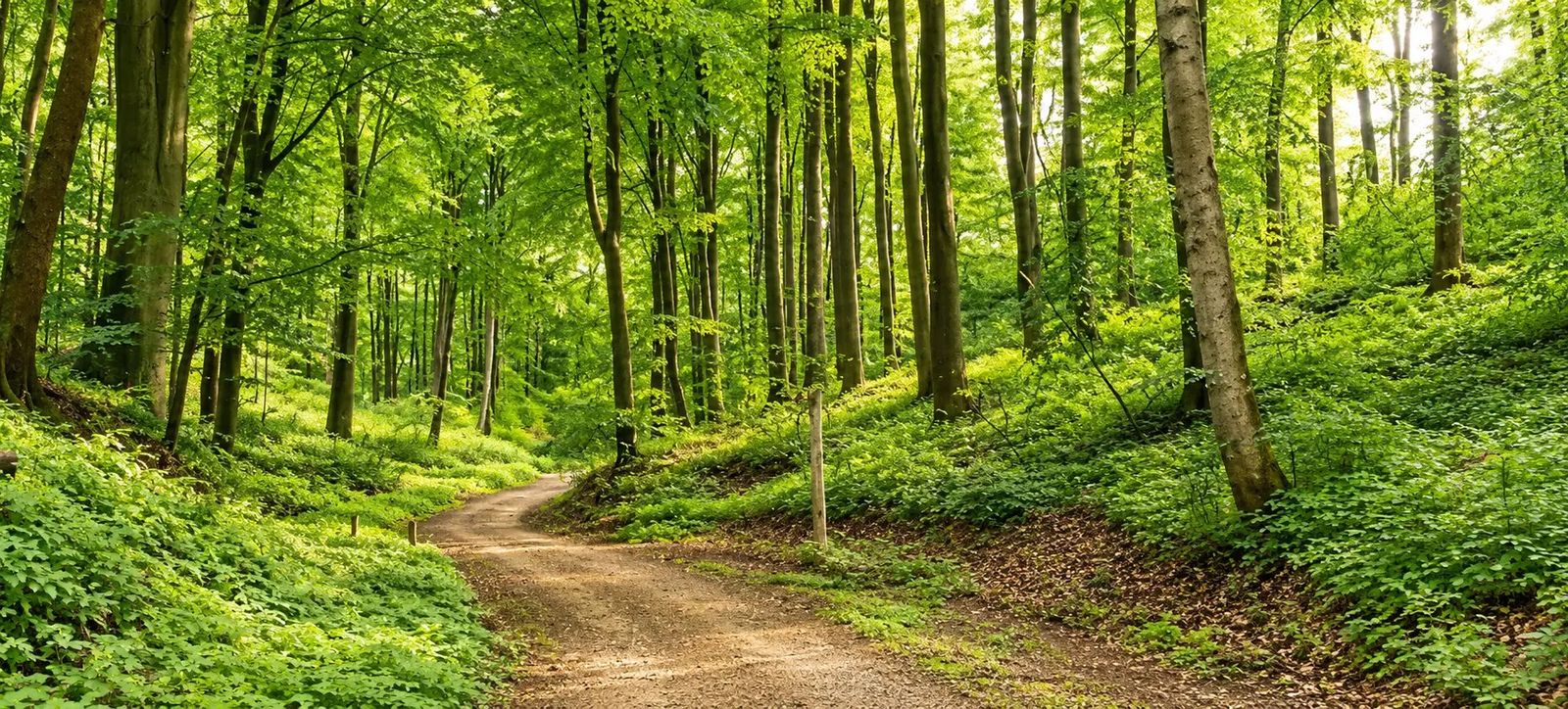 Sunlit European beech forest with a dirt path running between tall beech trunks