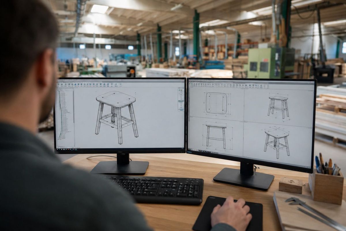 Designer modelling a piece of furniture in CAD software at SARAL