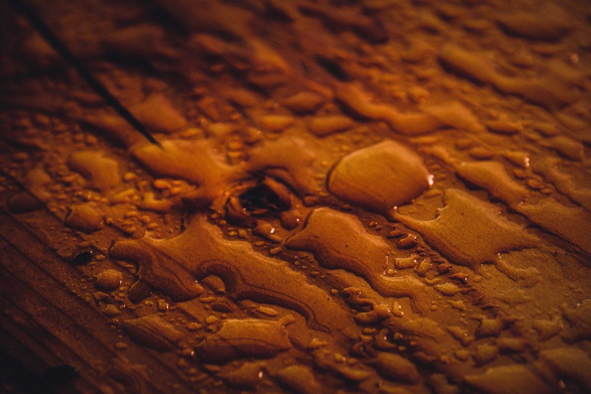 Wassertropfen perlen in warmem Licht auf einer behandelten Holzoberfläche ab