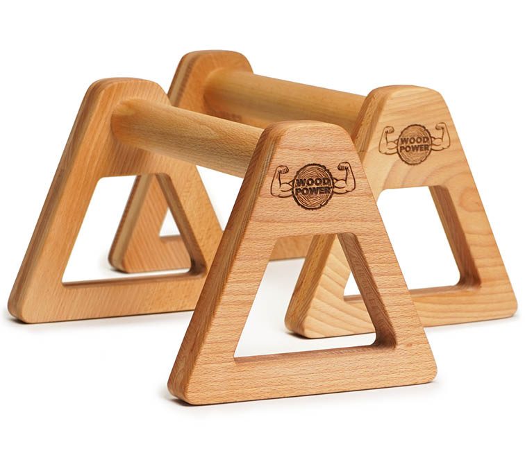 Pereche de paralele din lemn WoodPower PowerBars XL cu capete triunghiulare și logo gravat cu laserul
